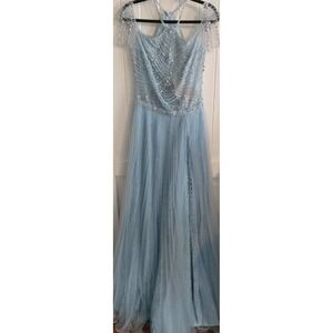Tarik Ediz Formal Prom Dress Beaded Side Slit, Blue Style #50295 Women's Size 8